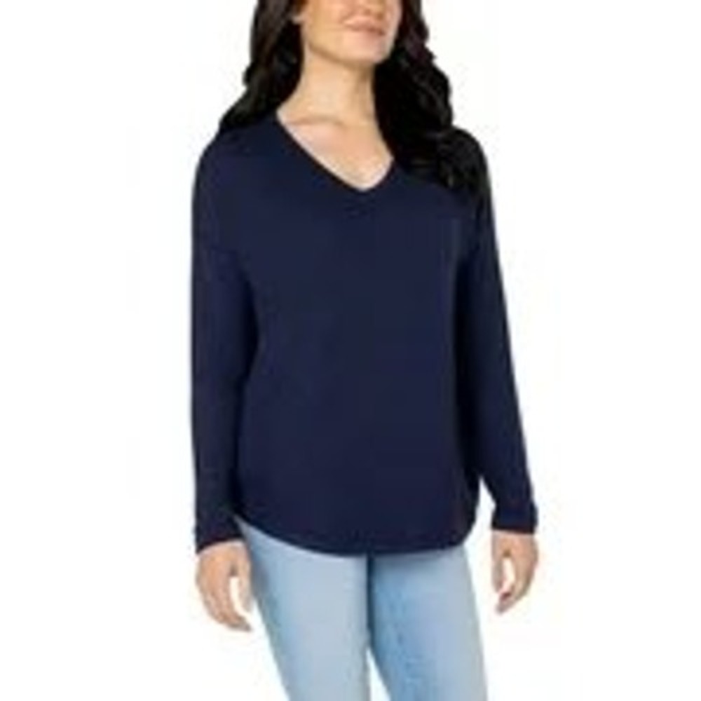 Well Worn Womens Navy Blue V-Neck Long Sleeve Relaxed Fit Top Large